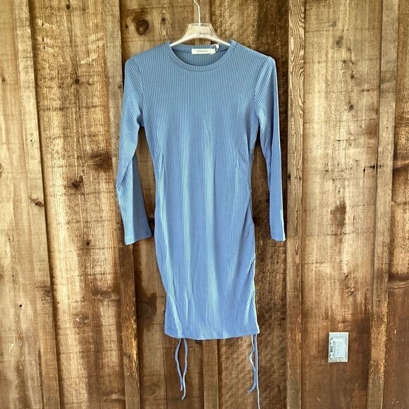 NENONA Ruched Midi Dress Long Sleeve Side Drawstring Ribbed Knit Bodycon Dress - Picture 2 of 11